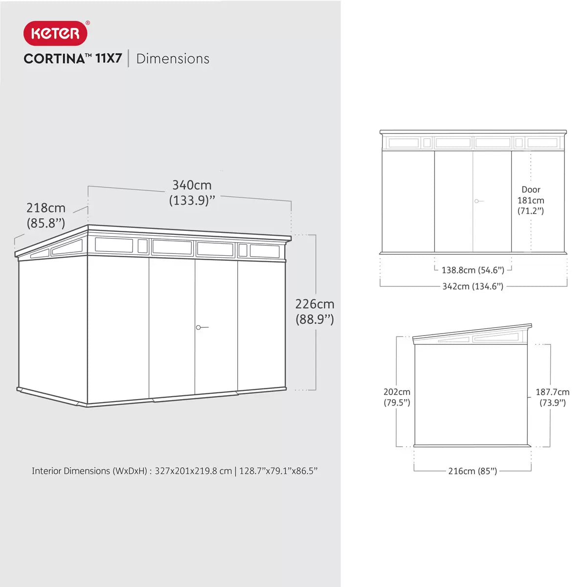 Keter 11x7 Cortina Heavy Duty Plastic Pent Shed – Dark Grey