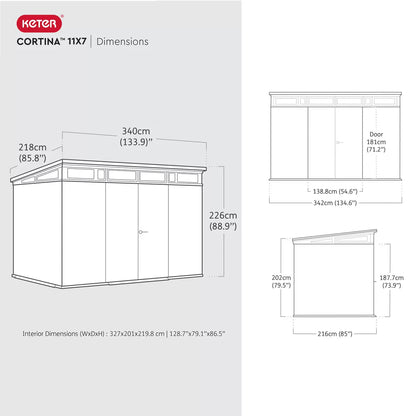 Keter 11x7 Cortina Heavy Duty Plastic Pent Shed – Dark Grey