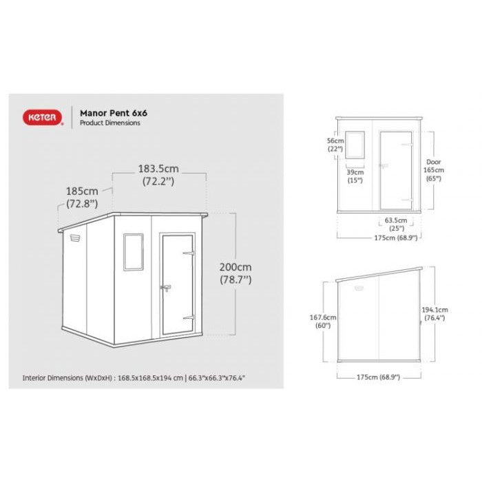 Keter 6×6 Manor Plastic Pent Garden Storage Shed – Grey