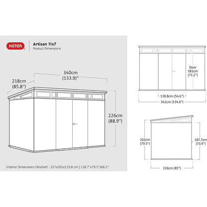 Keter 11x7 Artisan Heavy Duty Plastic Pent Shed – Grey